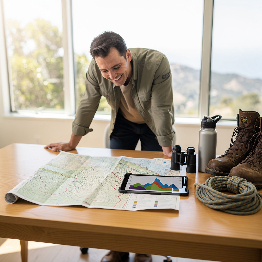 Inspiration Point Trailhead map and elevation profile showing the 3.4-mile hiking route with 1,000 ft gain in Santa Barbara